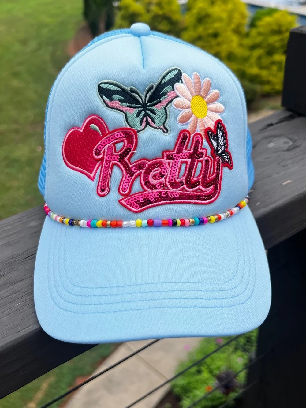 Pretty Blue Trucker Hat Butterfly Daisy Beaded Snapback NWOT